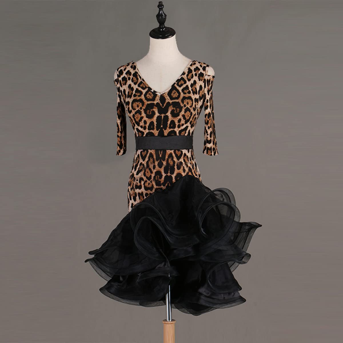 Damen Leopard Latin Dance Kleider V-Ausschnitt Backless Latin Competition Dress Ballroom Salsa Samba Cha Cha Rock Walzer Performance Kleid Foxtrot Praxisrock