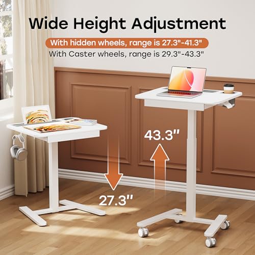 Image of Small Mobile Standing Desk with Drawer, 23.6 inchx19.7 inch Rolling Laptop Cart on Wheels, Height Adjustable Sit Stand Computer Workstation with Storage for Compact Space, White