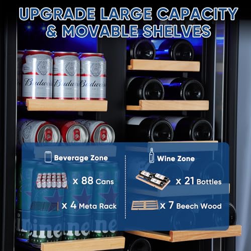 Image of Wine and Beverage Refrigerator 24 inch, Dual Zone Wine & Beverage Cooler with Glass Door and French Door, Built-In /Freestanding Wine and Beer Fridge Holds 21 Bottles & 88 Cans for Home /Bar - Black