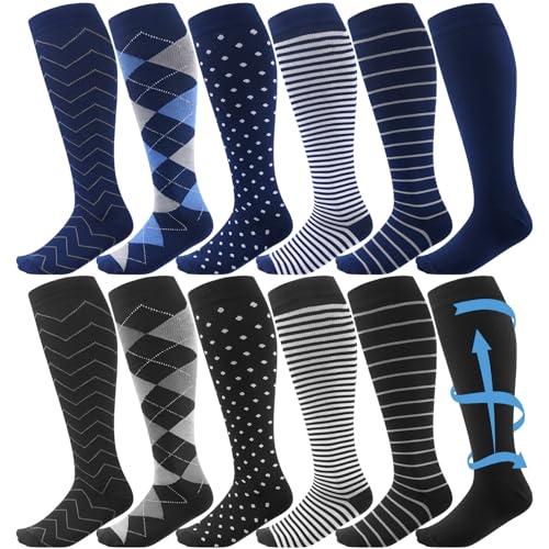 12 Pairs Men Dress Compression Socks Men's Knee Long Light Socks 8-15 mmHg Graduated Support Christmas Gift