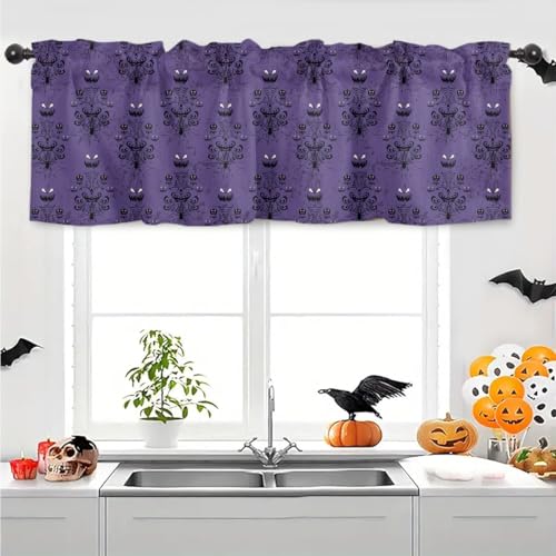 Haunted Mansion Valance Curtains for Windows Halloween Window Treatment Curtains for Living Room/Bedroom/Bathroom Purple Spooky Scary Decorate Goth Gothic Rod Pocket Kitchen Valances 54 W x 18 L
