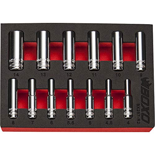 1/4 Drive Socket Set 6 Point Deep 4-14mm 13 Pcs in Foam Tray BOXO BX257-R2