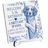 HSIASHENG Chinoiserie Brittany Spaniel Bathroom Wooden Decor 5'X5', Welcome to the Bathroom a Brittany Spaniel Will Be With, Funny Blue and White Wooden Sign for Washroom Shelf Decor