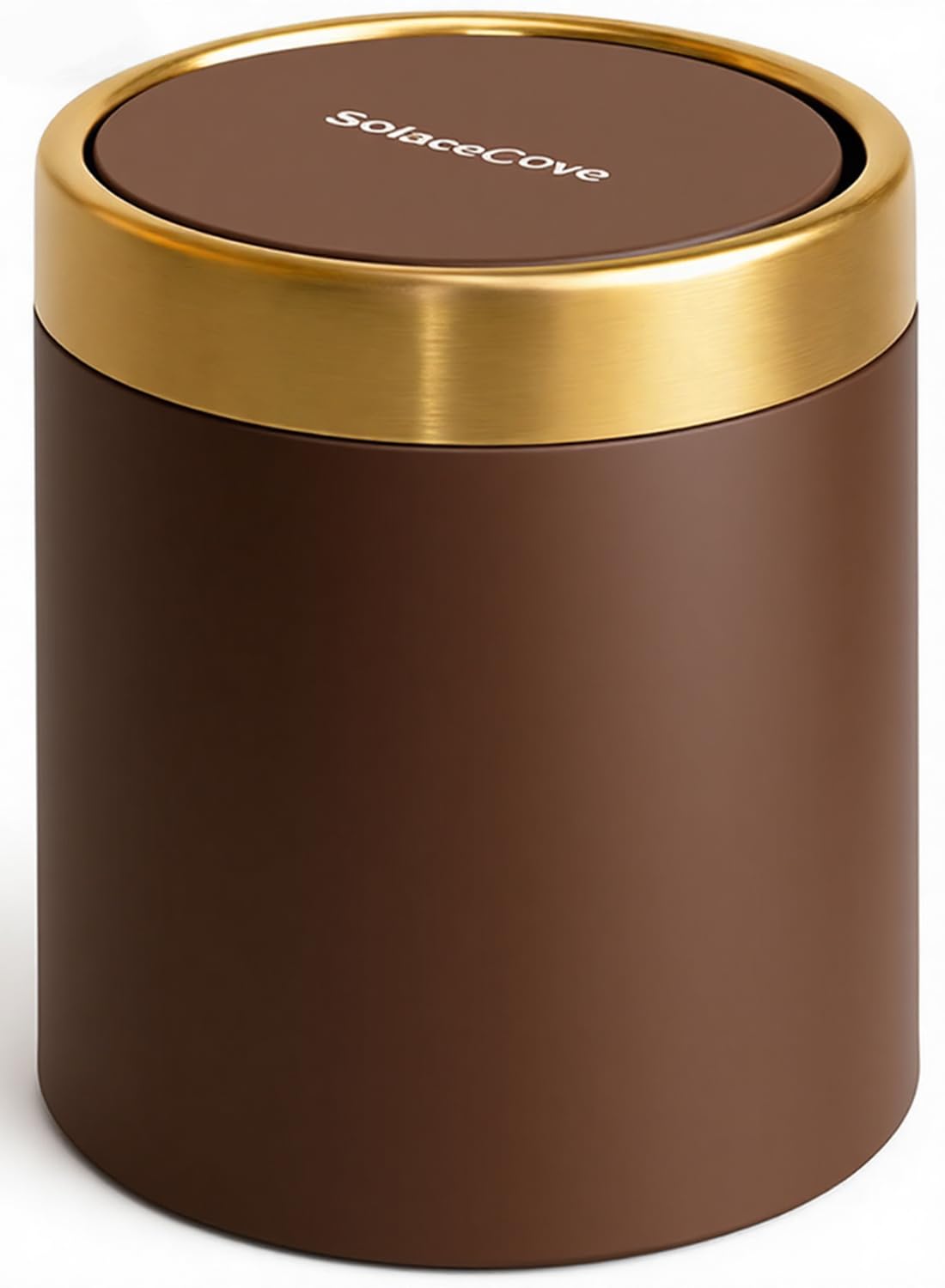 SolaceCove Desk Bin, 1.5L Mini Desktop Rubbish Bin with Swing-Top Lid, 0.4 Gallon Stainless Steel Small Table Round Wastebasket for Office, Home, Bathroom, Bedroom, Car (Brown)