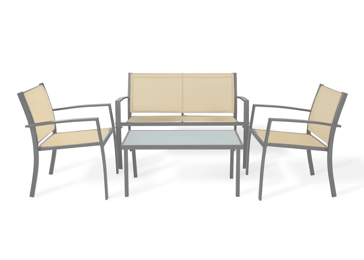 S & S Saldos y Stocks Sofa + 2 Sillas + Mesa de Cristal Templado. Conjunto de Jardin y Terraza, Beige