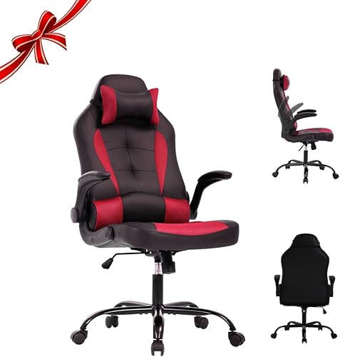 Miniatura 12 de Sillas de juegos para adultos, silla giratoria de piel sintética, ajustable, con soporte lumbar, reposabrazos abatibles, reposacabezas para adultos,