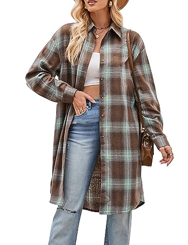 Bozanly Übergroße mittellange karierte Flanellhemden für Frauen Revers Langarm Karo Bluse mit Taschen, 01 Braun, XX-Large