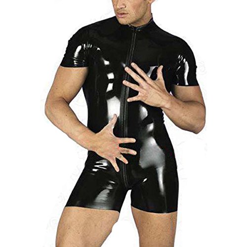 YiZYiF Shiny Black Mens Short Wet Look Catsuit Playsuit Clubwear Costume (Large, Black)