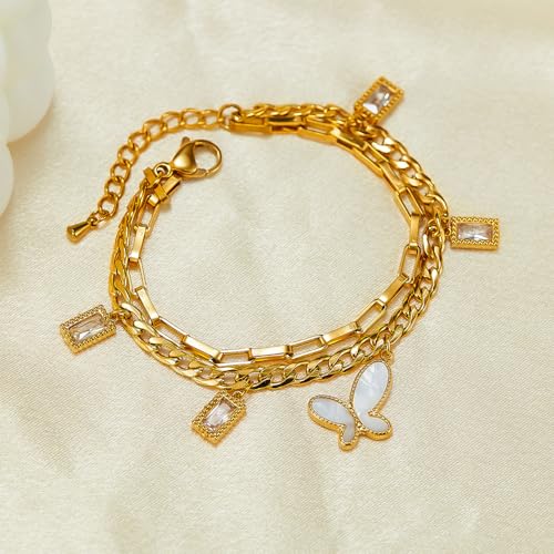 Fashion 18K Gold Plated Stainless Steel Cubic Zirconia Butterfly Charm Bracelet Stack Rectangular Link Chain Bracelet3