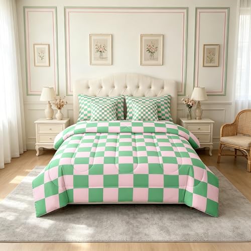 Parure de lit 7 pièces avec couette imprimé patchwork géométrique abstrait rose