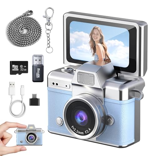 HOBYCHILD Mini Keychain Camera HD Video Ultra-Compact Retro Digital Camera with 32GB SD Card USB Card Reader Adapter Portable Tiny Camera for Travel, Study, Daily Vlogging (Blue) by Hobychild - Used condition - US$21.73