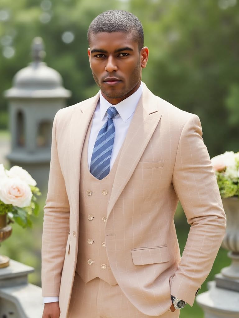 Mens 3 Pieces Plaid Suits Slim Formal Suit Jacket Vest & Pants Sets Prom Wedding Groom Tuxedo Set