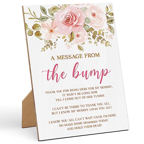 Baby Shower Games a Message from The Bump Baby Shower Game Sign-8×11 Inches, Floral Wooden Game Sign, Gender Neutral Tabletop Decor for Gender Reveal Party, Newborn Announcement Decoration-LA25