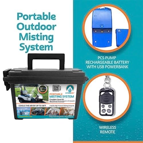 Professional Grade Portable Misting System - 4 Mist Nozzles | Pump | Easy to Setup | 16 ft. Mist Line for Outdoor Patios, Golf Carts, Greenhouses, Canopy and Decks - Cools The air up to 30°F (17°C)!