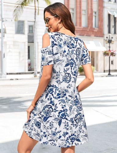 Image of Misyula Style Womens Summer Cold Shoulder Floral Flowy T-Shirt Dress with Pockets