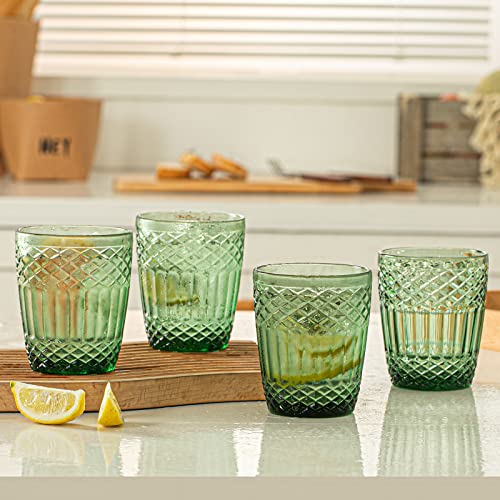 INSETLAN Vintage Green Drinking Glasses Set of 4 Large, Embossed Pattern Water Glassware, Vintage Glassware Glass Cups Set, Ripple Drinkware, for Water,Juice,Beverages,Cocktail,Soda (10 oz Green)