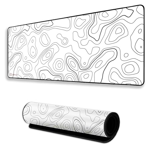 Image of White Contour Line Mouse Pad 11x23Inch 2mm Extended Gaming Desk Mat with Anti-Slip Rubber Base Mousepad for Smooth Surface Desk pad for PC & Laptop Use Waterproof & Stiched (Black /White) Deskpad