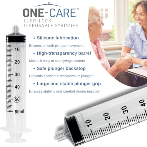 Image of ONE-CARE 60ml /cc Luer-Lock Syringe, 60 /bx Blister-Packed | Safe Backstop, Precise Dosing, Accurate Graduation, High-Transparency Barrel, Silicone-Lubricated Plunger