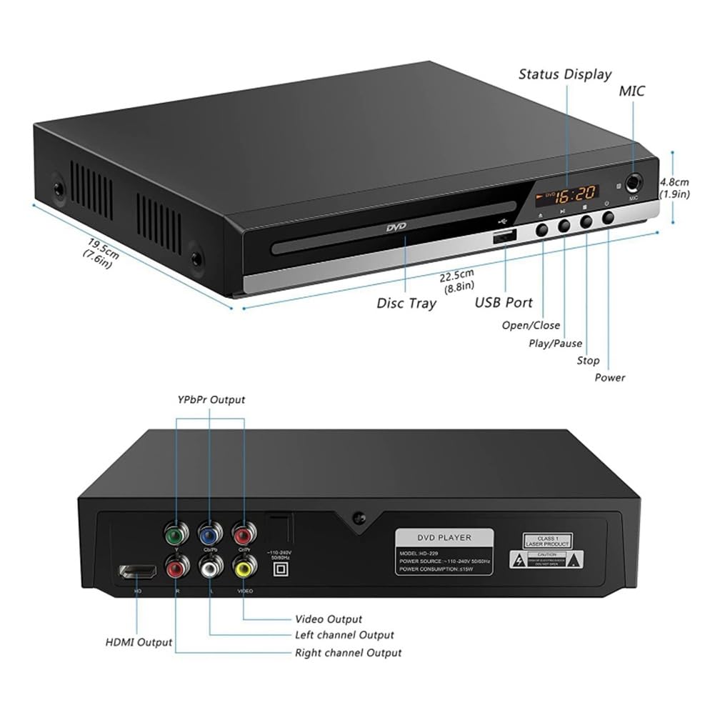 MARKELL Reproductor de DVD 1080P HD Reproductor de DVD DoméStico Box para TV Reproductor de Disco CD DVD Gratuito para Todas Las Regiones Reproductor EVD con Salida AV - Enchufe Europeo