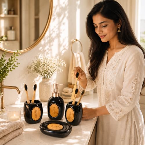Image of Market99 Ceramic Bathroom Set Glossy Black with Sophisticated Classic Text Pattern, Includes Soap Dispenser, Tumbler, Toothbrush Holder, and Soap Dish for Coordinated Bathroom Style, 400 ML Capacity