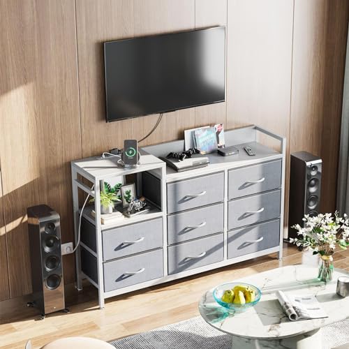 52 inch long dresser Dyonery farmhouse 9 Drawer Dresser for Bedroom, 52 Inch Wide Modern Dresser TV Stand with Large Drawers & Bar HandlesWhite