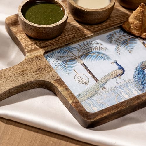 Image of Handcrafted Mango Wood Serving Platter with 3 Dip Bowls | Traditional Print | Waterproof, Heat-Resistant, Food-Safe Lacquer Finish | 15.5 x 10 Inch | Made in India (MgPlwith3Bowl-BlueGoldPeacock)