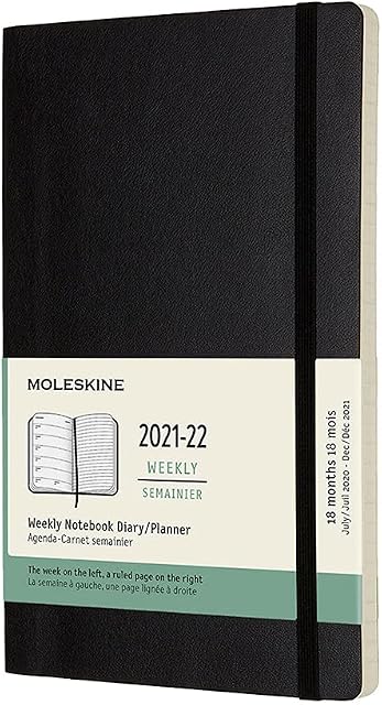 Moleskine - 18-Month Weekly Planner/Diary, Weekly Planner 2021/2022, Weekly Notebook with Soft Cover and Elastic Closure, Size Large 13 x 21 cm, Colour Black, 208 Pages