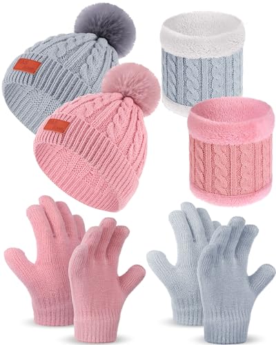 6 Pcs Kids Hat Scarf Gloves Set Girl Boy Pom Kid Winter Beanie Hat Mittens Gloves Neck Warmer Fleece Lining for 1T-5T