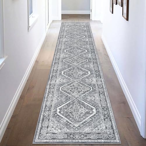 KUTA Oriental Washable Runner Rug Grey, 2x10 Non-Slip Vintage Hallway Kitchen Rugs Ultra Soft Printed Distressed Tribal Floor Carpet Runners for Bedroom Living Room Playroom