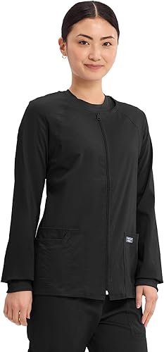 Vista 4 de Cherokee Chaqueta médica con cremallera frontal para mujer, 3 bolsillos, elástica en 2 direcciones, suave, transpirable, sarga cepillada, 4315