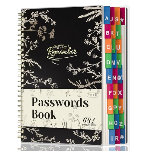 Livre de mots de passe à spirale grand format avec onglets alphabétiques de couleur noir
