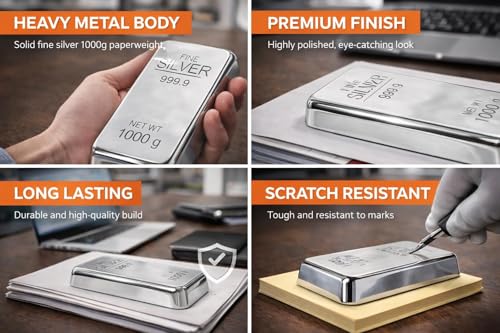 Image of ZAHEPA Realistic Metal Silver Bar Paperweight for Office Table, Fake Silver Biscuit Paper Weight with Acrylic Base, Prop for Jewellery Shop & Heist Theme, Unique Gift for Home & Office (Pack of 1)