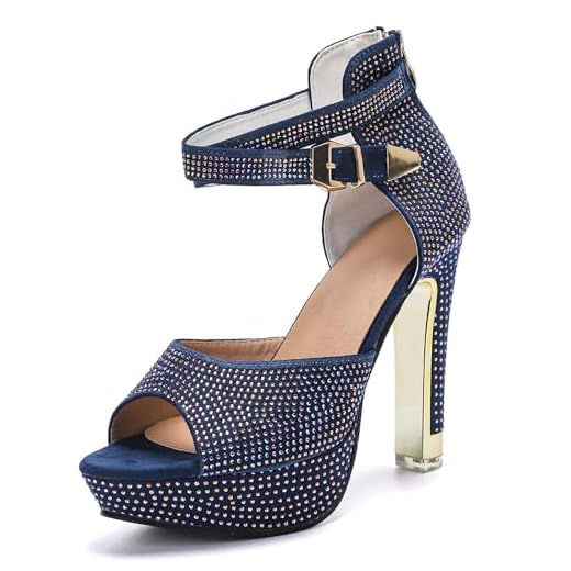 GATUXUS Sandálias femininas de salto alto com strass aberto no dedo do pé e tira no tornozelo plataforma sapatos elegantes para casamento, Azul royal, 38