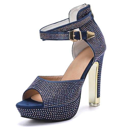 GATUXUS Women's Block High Heels Sandals with Rhinestorn Open Toe Ankle Strap Platform Wedding Dressy Shoes