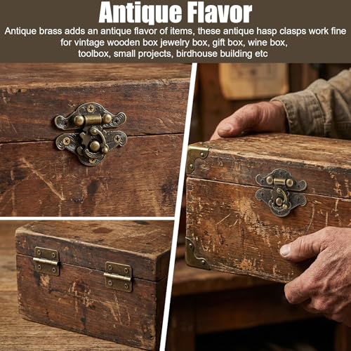 36Stück Antike Vorhängeschloss Latch Hook, Scharniere Klein mit Schrauben, Rechter Haken Gravierte Riegel Verschluss Box, Bronze Scharnier Für Holzkiste Schmuckkästchen (24Scharniere + 12Verschlüsse)