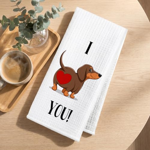 Image of 4 Pcs Dachshund Kitchen Towels 24x14 Inch, Dachshund Gifts Reusable Dish Towels for Kitchen Bathroom Decor, Waffle Weave I Love You Hand Cloth Tea Towel, Cute Dog Valentine's Gifts for Girlfriend Wife