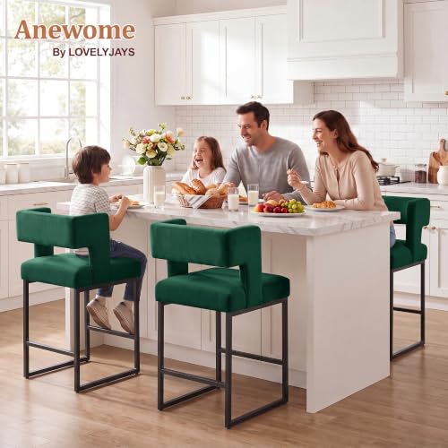 Image of Counter Height Bar Stools Set of 4, 26 inch H Upholstered Counter Stools with Metal Frame Black Legs Square Back Bar Height Stools, Velvet Modern Bar Stools for Kitchen Island, Bar, Counter, Green