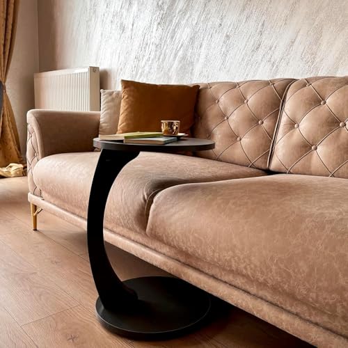 Image of Multipurpose Round Coffee Table, Wooden Couch Sofa Table that Slides Under, C-Shaped End Table for Living Room, Bedroom, or Apartment (Black)