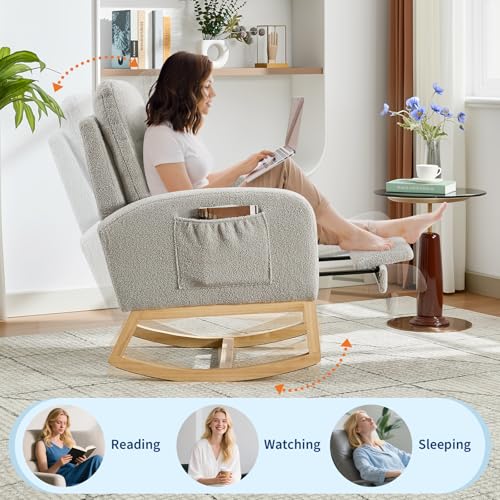 Image of Rocking Chair Nursery, Nursing Rocking Chairs with Foot Rest for Mom Nursery,Rocker Glider Chair with High Backrest for Living Room, Bedroom, Upholstered Lounge Chair with Solid Wood Base for Relaxin