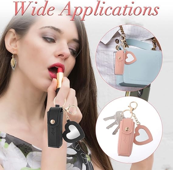 Image of Women Lipstick Holder Keychain with Mirror, Soft PU Leather Portable Chapstick Holder Lipstick Pouch with Metal Key Ring for Trave Party Gift (Black-Pink, Free)
