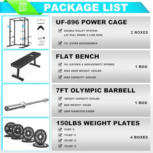 Image of ULTRA FUEGO Power Cage, Multi-Functional Power Rack with J-Hooks, Dip Handles, Landmine Attachment and Optional Cable Pulley System for Home Gym