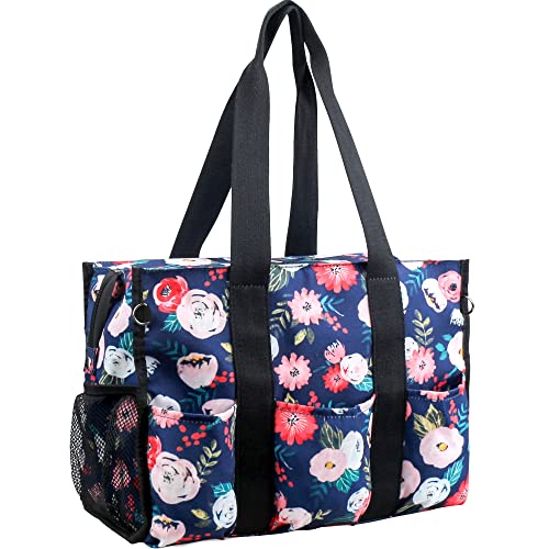 HoogaLife Waterproof Lightweight Tote Bag Large Shoulder Portable Bag for Women, Gym, Travel, Shopping, Beach (BlueFlower/L)