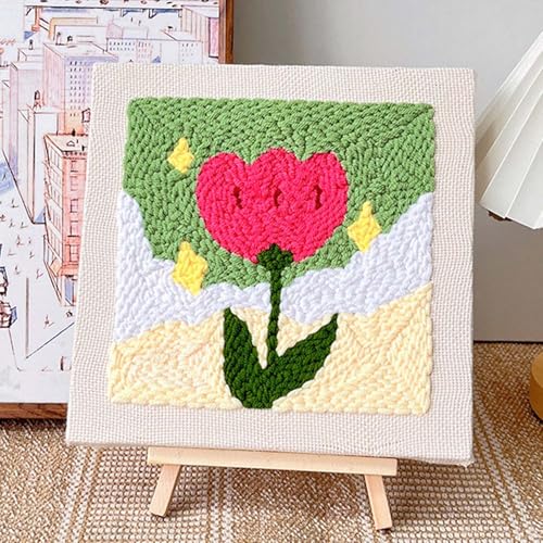 Image of Allazone Punch Needle Embroidery Kit, Square Frame with Green and Pink Tulip Pattern, Includes Frame, Stand, Punch Needle, Scissors, Yarns, Adults Beginner Friendly