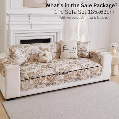 Image of HOMETHREADS Premium Style Anti Slip Sofa Cover Set | Cotton Sofa Slipcover | 1Pc Front Cover with Attached Armrest + 1Pc Back Cover (Coffee Rose, 1 Seater | 63x185cm)