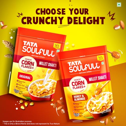 Image of Tata Soulfull Corn Flakes+, Honey & Almonds, Crunchy Corn & Millets, Baked Not Fried, Cholesterol Free, High Fiber, Wholesome Breakfast Cereal, Quick & Easy, 450g