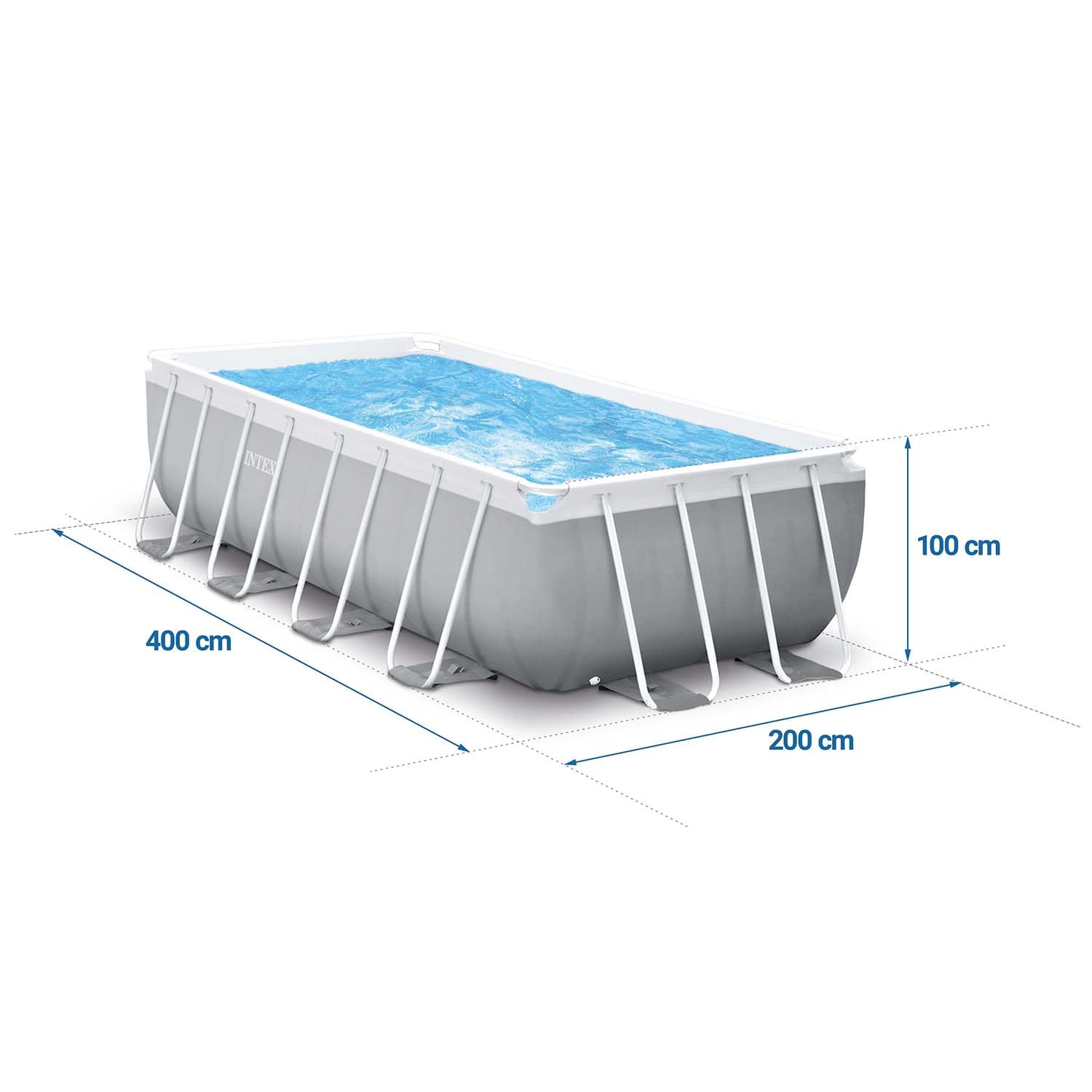 INTEX PrismFrame Pool rechteckig Aufstellpool Komplettset 400 x 200 x 100 cm 12V Filterpumpe Sicherheitsleiter Familienpool Swimmingpool 6836l blau
