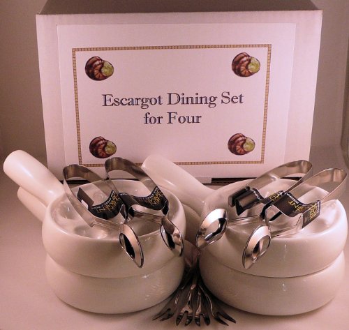 Snail, Escargot, Dining Set for FOUR people consisting of four 6 hole vitrified porcelain snail dishes / plates with handles and four stainless steel Snail Tongs and Snail Forks. All you need in one money saving pack to enjoy your escargots! by Bonzza Cover