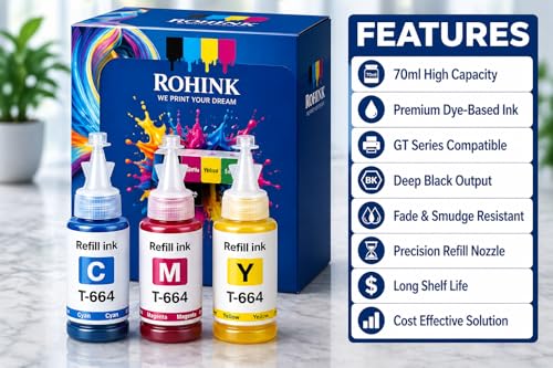 Image of ROHINK EP T664 Compatible Refill Ink for Epson L130, L360, L380, L361, L565, L210, L220, L310, L350, L355, L365, L385, L550, L555, L605, L1300 Printer - 70ml x 3CYM (Color Combo Pack 3)
