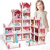 SWKXZU 298 Piezas Casa de Muñecas para Niñas,Casa de Muñeca Grande de 5 Pisos,Equipado con Luces y 4 Muñecas,Ideal para...