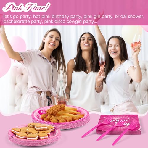 durony 96 Pieces Let's Go Party Supplies Serve 24 Guests Hot Pink Birthday Paper Plates Disposable Paper Napkins Forks Bachelorette Decorations for Birthday Disco Pink Girl Party Decorations - Thumbnail 5